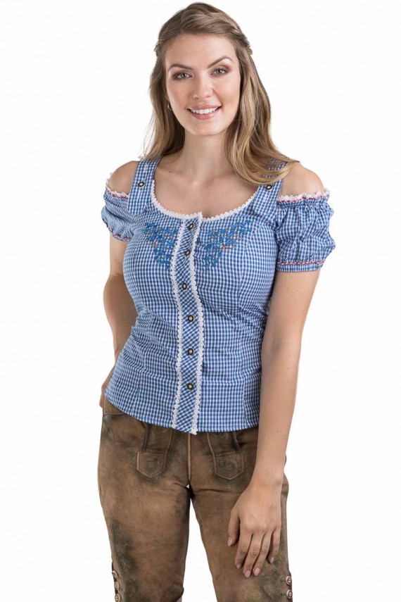 Damen Trachtenbluse Alpenklee - blau/weiss  